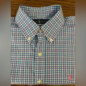 Polo Ralph Lauren Button Up Shirt Mens Medium Blue Pink White Check Stretch Pony